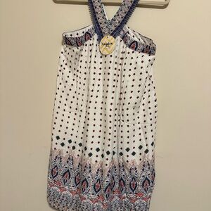 Hayden White Girls' Printed Halter Dress with Navy and Coral Accents